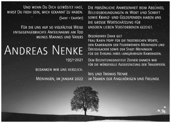 Traueranzeige von Andreas Nenke von Südthüringer Presse