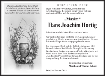 Traueranzeige von Hans Joachim Hortig von Südthüringer Presse