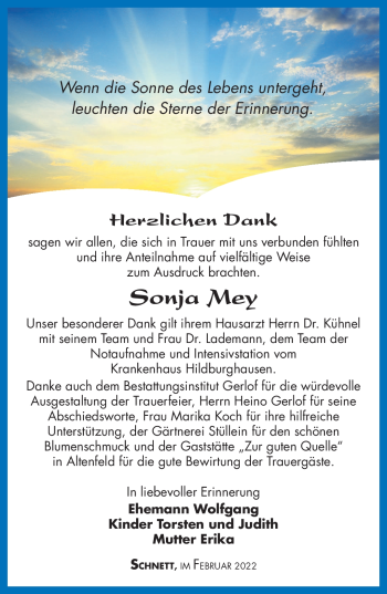 Traueranzeige von Sonja Mey von Südthüringer Presse