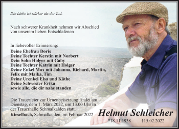 Traueranzeige von Helmut Schleicher von Südthüringer Presse