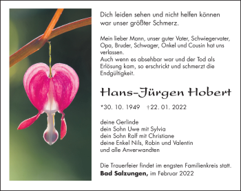 Traueranzeige von Hans-Jürgen Hobert von Südthüringer Presse