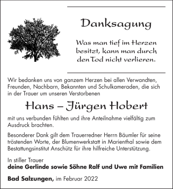 Traueranzeige von Hans-Jürgen Hobert von Südthüringer Presse