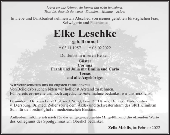 Traueranzeige von Elke Leschke von Südthüringer Presse
