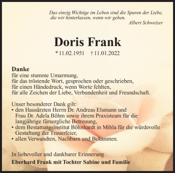 Traueranzeige von Doris Frank von Südthüringer Presse