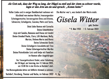 Traueranzeige von Gisela Witter von Südthüringer Presse