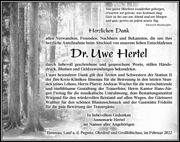 Traueranzeige von Dr. Uwe Hertel von Südthüringer Presse