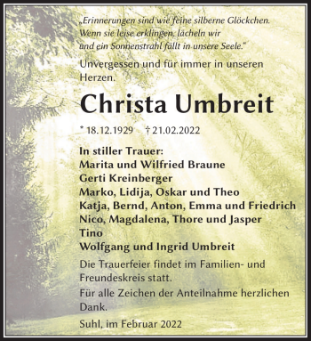 Traueranzeige von Christa Umbreit von Südthüringer Presse