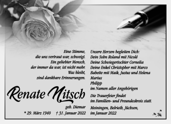 Traueranzeige von Renate Nitsch von Südthüringer Presse