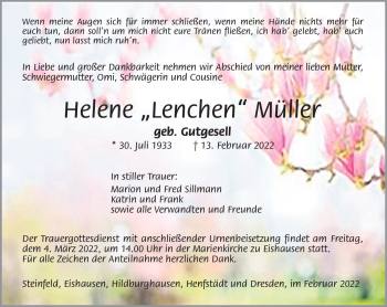 Traueranzeige von Helene Müller von Südthüringer Presse