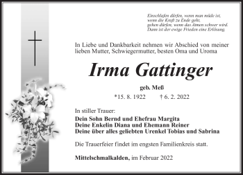 Traueranzeige von Irma Gattinger von Südthüringer Presse
