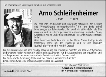 Traueranzeige von Arno Schleifenheimer von Neue Presse Coburg