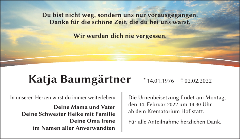  Traueranzeige für Katja Baumgärtner vom 12.02.2022 aus Frankenpost
