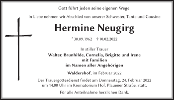 Traueranzeige von Hermine Neugirg von Frankenpost