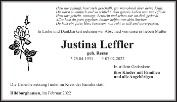 Traueranzeige von Justina Leffler von Südthüringer Presse