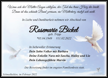 Traueranzeige von Rosemarie Bickel von Südthüringer Presse