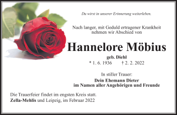 Traueranzeige von Hannelore Möbius von Südthüringer Presse
