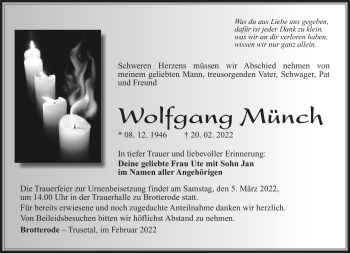 Traueranzeige von Wolfgang Münch von Südthüringer Presse