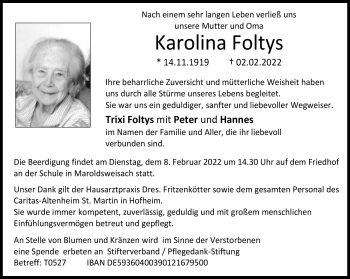 Traueranzeige von Karolina Foltys von Neue Presse Coburg