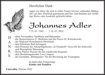 Traueranzeige von Johannes Adler von Südthüringer Presse