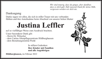 Traueranzeige von Justina Leffler von Südthüringer Presse