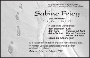 Traueranzeige von Sabine Frieg von Südthüringer Presse