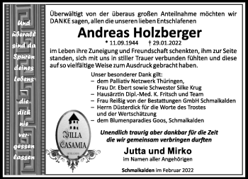 Traueranzeige von Andreas Holzberger von Südthüringer Presse
