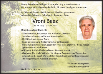 Traueranzeige von Vroni Beetz von Südthüringer Presse