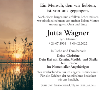 Traueranzeige von Jutta Wagner von Südthüringer Presse