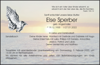 Traueranzeige von Else Sperber von Neue Presse Coburg