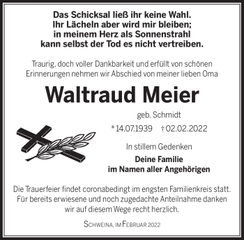 Traueranzeige von Waltraud Meier von Südthüringer Presse