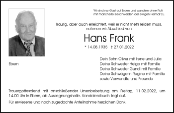 Traueranzeige von Hans Frank von Neue Presse Coburg
