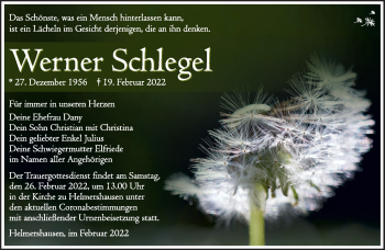 Traueranzeige von Werner Schlegel von Südthüringer Presse