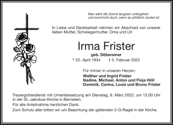Traueranzeige von Irma Frister von Frankenpost