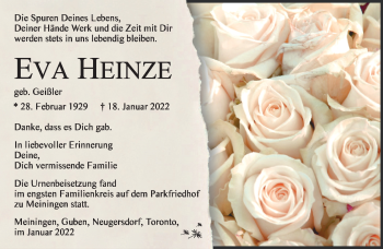 Traueranzeige von Eva Heinze von Südthüringer Presse