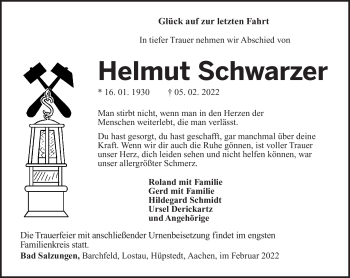 Traueranzeige von Helmut Schwarzer von Südthüringer Presse