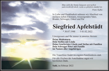 Traueranzeige von Siegfried Apfelstädt von Südthüringer Presse