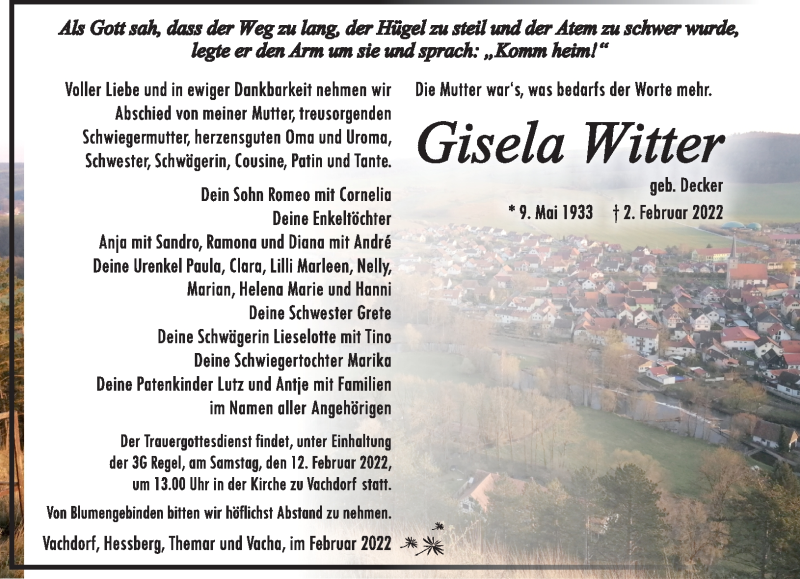  Traueranzeige für Gisela Witter vom 08.02.2022 aus Südthüringer Presse