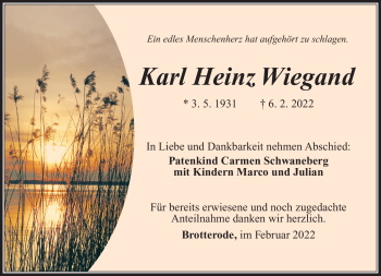 Traueranzeige von Karl Heinz Wiegand von Südthüringer Presse