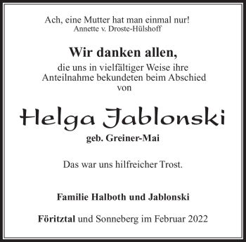 Traueranzeige von Helga Jablonski von Südthüringer Presse