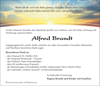 Traueranzeige von Alfred Brandt von Südthüringer Presse