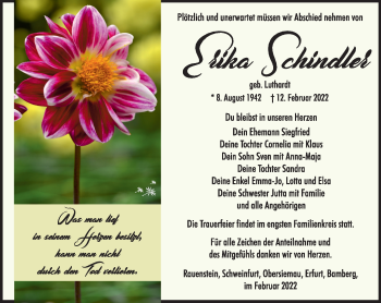 Traueranzeige von Erika Schindler von Südthüringer Presse