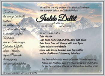 Traueranzeige von Isolde Dellit von Südthüringer Presse