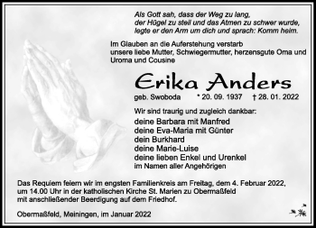 Traueranzeige von Erika Anders von Südthüringer Presse