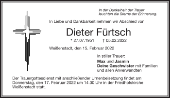 Traueranzeige von Dieter Fürtsch von Frankenpost