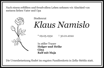 Traueranzeige von Klaus Namislo von Südthüringer Presse