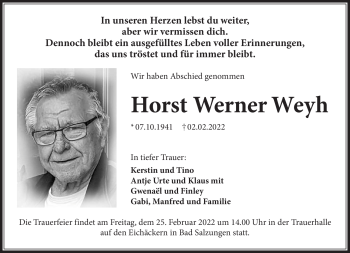 Traueranzeige von Horst Werner Weyh von Südthüringer Presse
