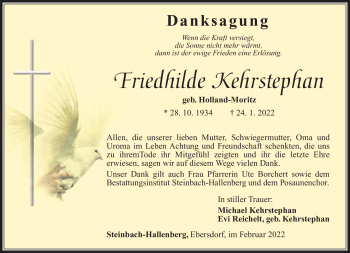 Traueranzeige von Friedhilde Kehrstephan von Südthüringer Presse