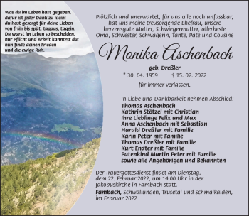 Traueranzeige von Monika Aschenbach von Südthüringer Presse