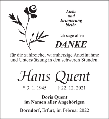 Traueranzeige von Hans Quent von Südthüringer Presse