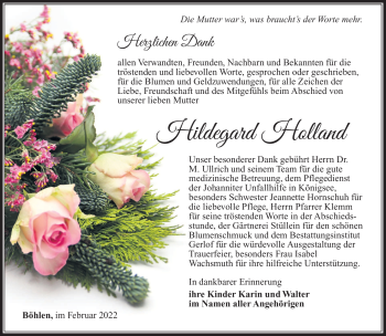 Traueranzeige von Hildegard Holland von Südthüringer Presse